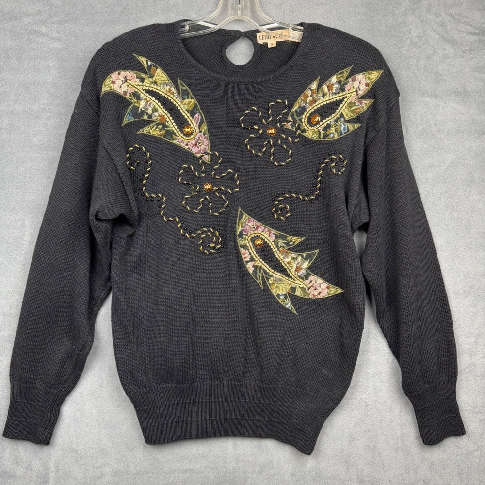 Vintage L'eau Vive Women's Black Embroidered Floral Paisley Sweater‎ Size S